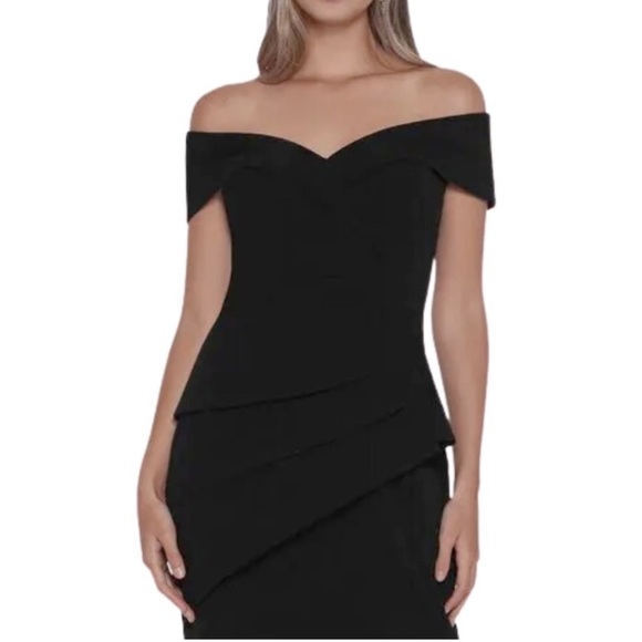 Xscape Jovie Peplum Dress Off Shoulder Black Scuba Crepe Excellent $259. Size 4 - Picture 3 of 12